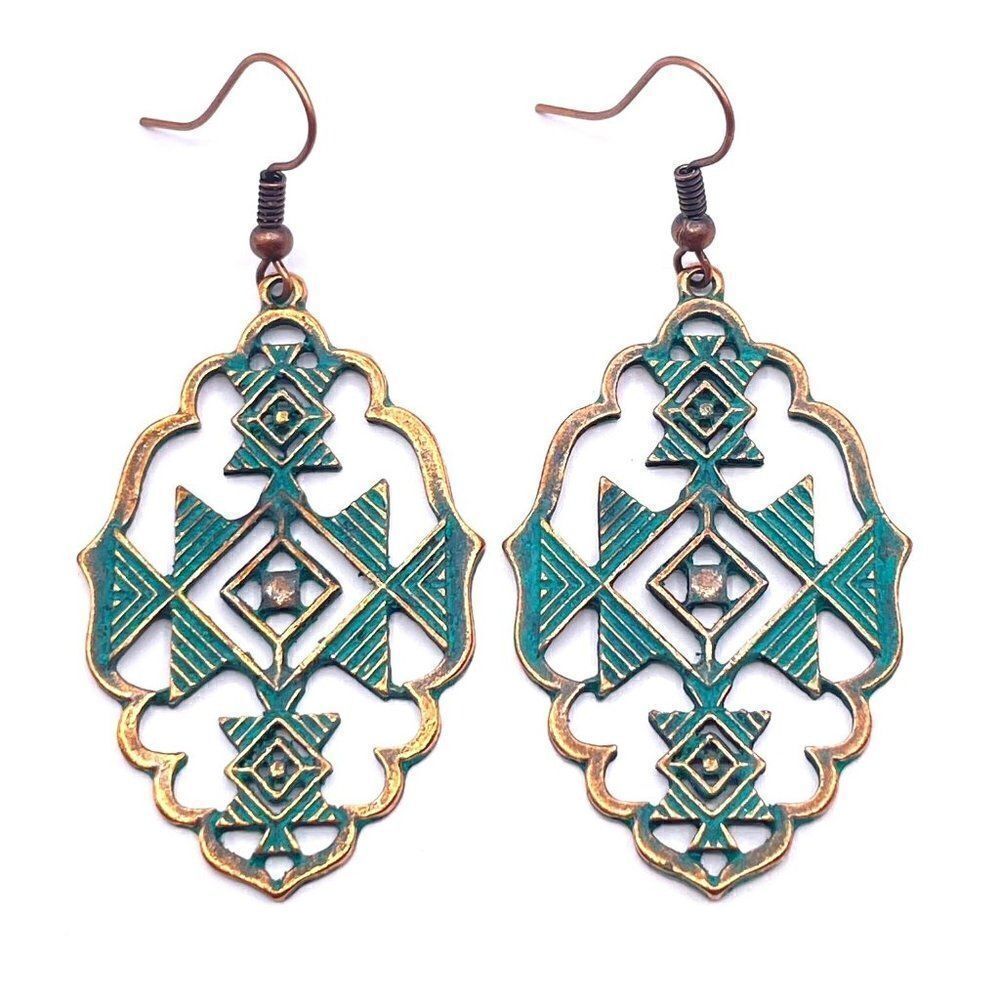 Antique Copper with Blue Patina Hollow Boho Dangling Hook Earrings